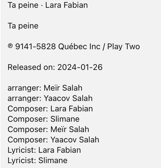 Lara Fabian Ta Peine Sortie 26 Janvier 2024 Page 217 Chanson